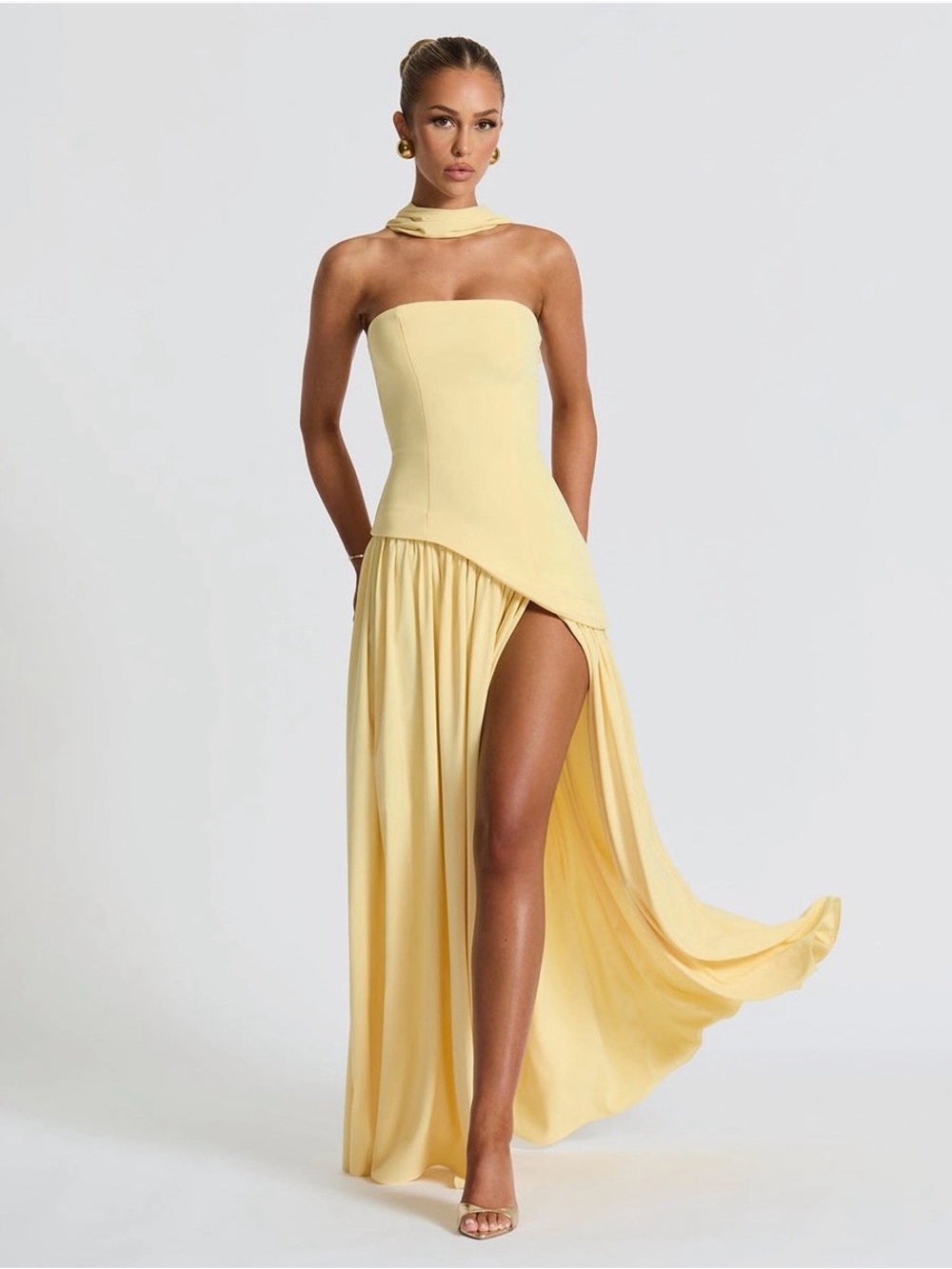 Contrast-Panel Strapless Maxi Gown